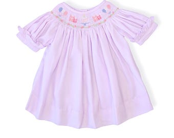 Smocked Birthday Dress for Baby Girl, Toddler Party Outfit, Lavender Pink Cake Balloon Embroidery, Boutique Heirloom Dress