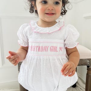 Smocked Birthday Bubble for Baby Girl, White Pink Bow Romper, Toddler First Birthday Outfit, Ruffle Collar Party One Piece