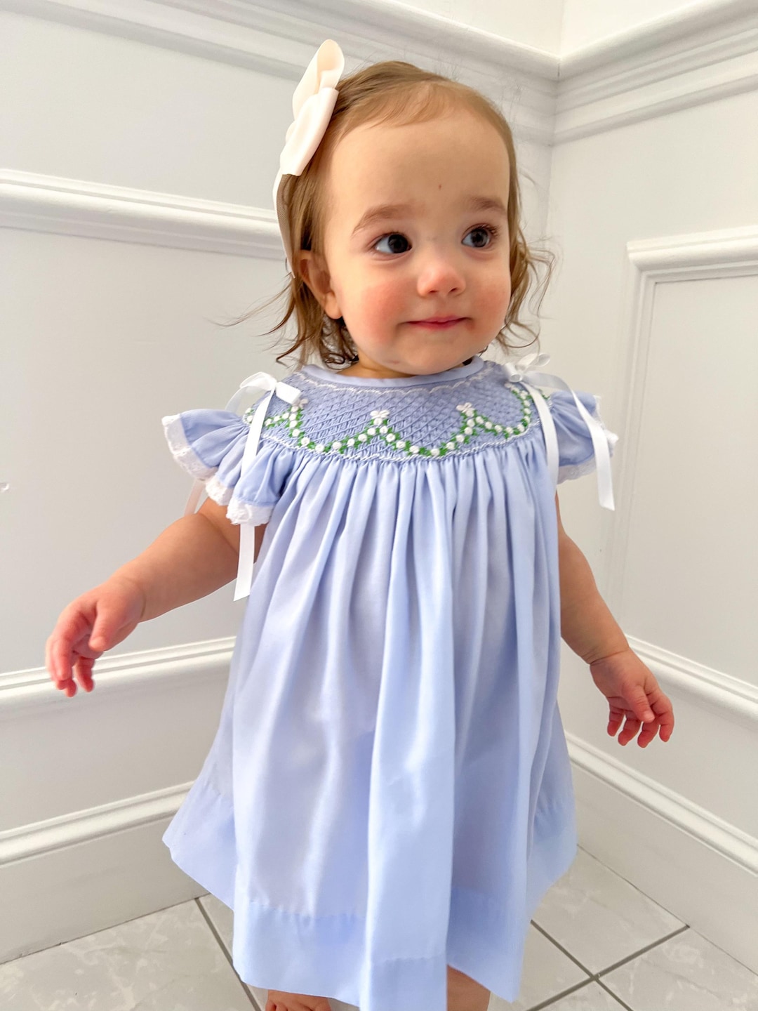 Hand Smocked Ellis Dress Baby Blue With Matching Pant And Bow Headband