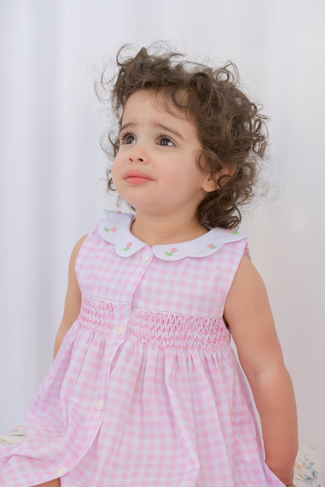 Petit Bebe Baby Girls Pink Gingham Smocked Birthday Cupcakes Dress - Side Bows