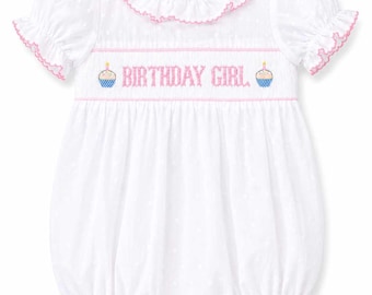 Smocked Birthday Girl Bubble for Baby Girl, Pink Embroidered Romper, White Ruffle Toddler Party Outfit, Boutique Cake Smash Look