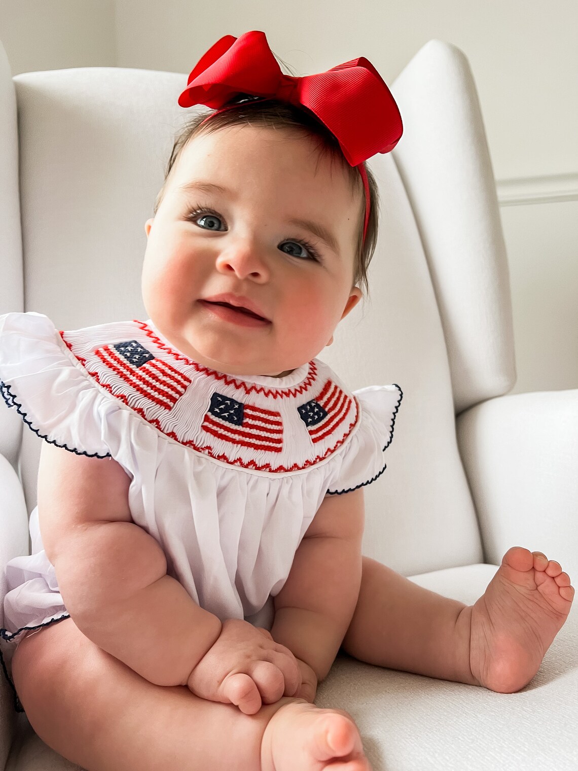 Ollie Jay Baby Girls Maylen Poplin Smocked Bubble - Patriotic Bows for July 4