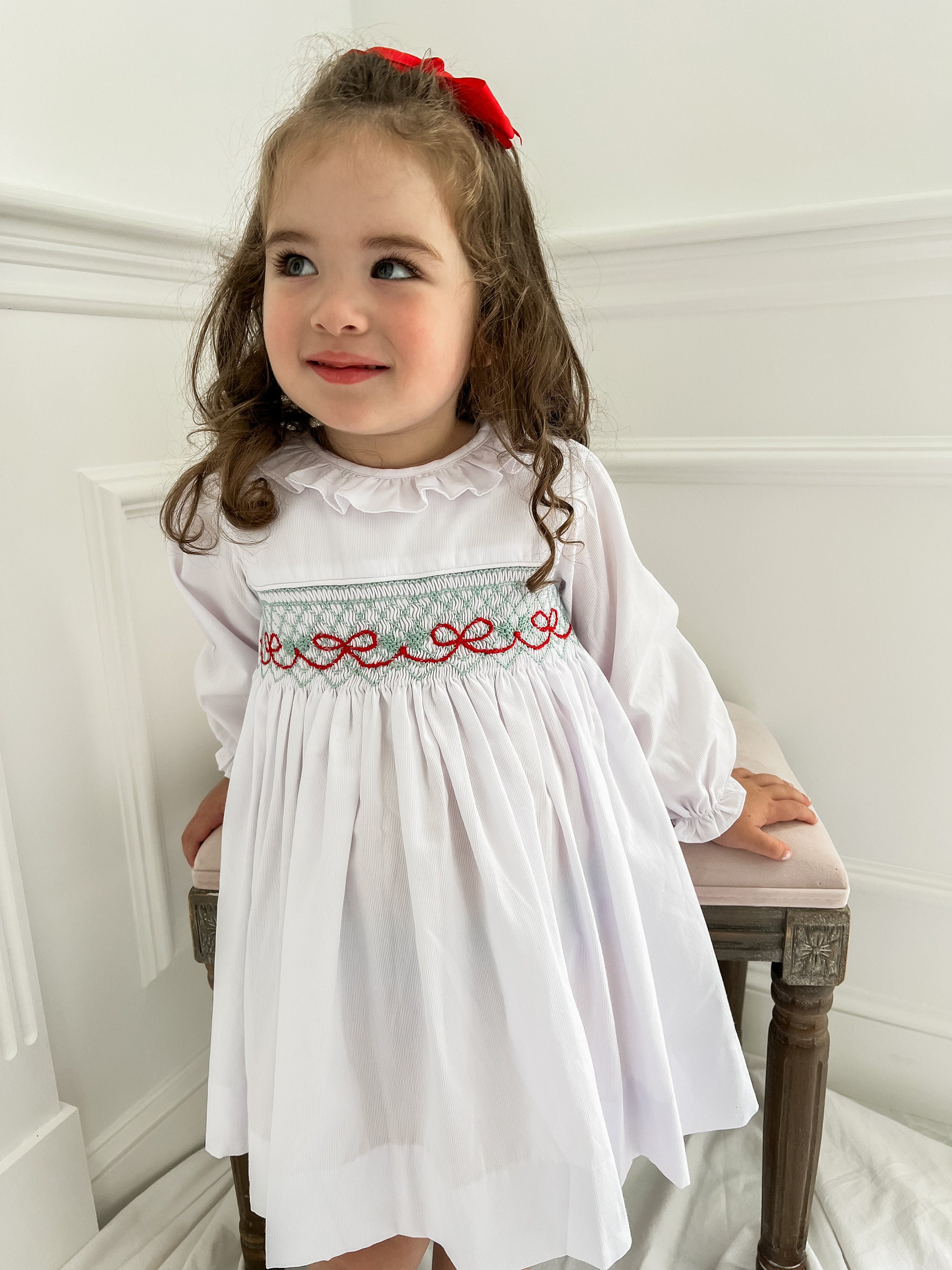Red Cherry Bow Smocking Embroidery Girls' Dress