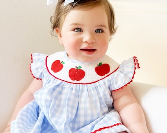 The Abigail Dress - Blue Gingham Apple Dress - Smocked Apple Baby Girl Dress - Girl Back To School Outfit - Gingham Smocked Bishop Dress