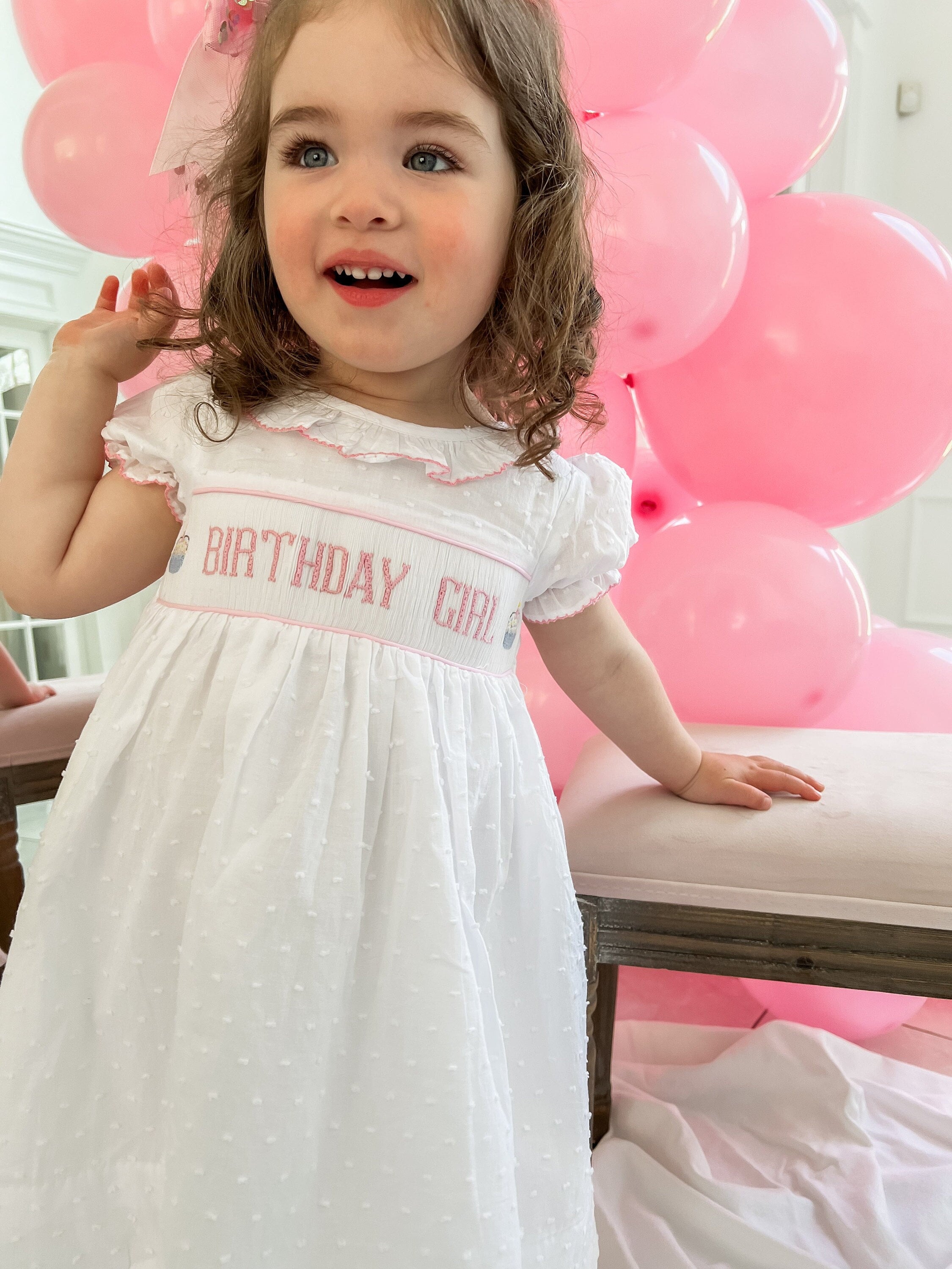 Toddler Girl Birthday Dress With Cake Embroidery - Smocked Puff Sleeve Princess Party Outfit