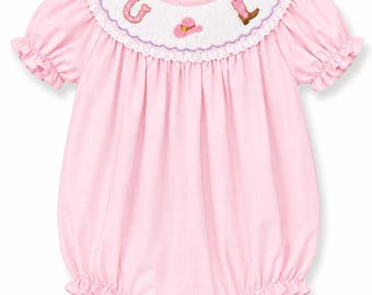 Smocked Cowgirl Bubble Romper for Baby Girl, Pink Western Rodeo Outfit, Horseshoe Cowboy Boot Toddler Sunsuit