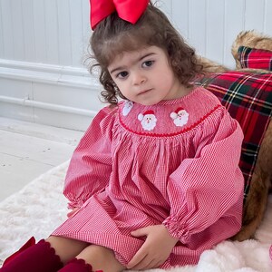 The Santa Red Gingham Smocked Bishop Dress Smocked Clothing Girl Outfit for Christmas Smocked Holiday Dress Holiday Outfit for Girls image 5