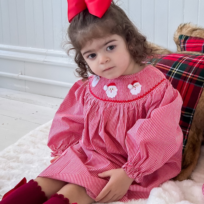 The Santa Red Gingham Smocked Bishop Dress Smocked Clothing Girl Outfit for Christmas Smocked Holiday Dress Holiday Outfit for Girls image 5