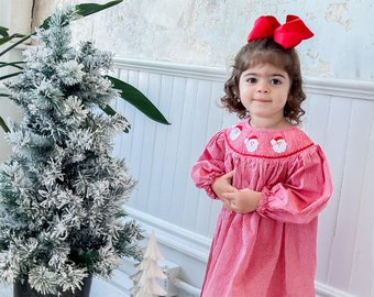 The Santa Red Gingham Smocked Bishop Dress - Smocked Clothing- Girl Outfit for Christmas - Smocked Holiday Dress - Holiday Outfit for Girls