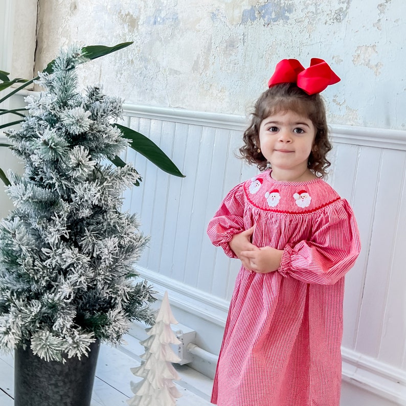 The Santa Red Gingham Smocked Bishop Dress Smocked Clothing Girl Outfit for Christmas Smocked Holiday Dress Holiday Outfit for Girls image 1