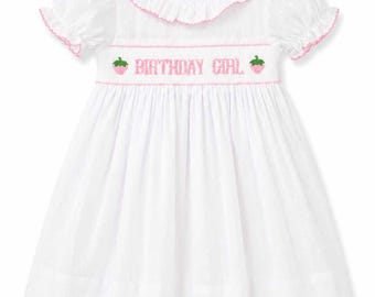 Smocked Birthday Girl Dress, White Strawberry Toddler Party Outfit, Pink Embroidery Ruffle Sleeve Boutique Dress