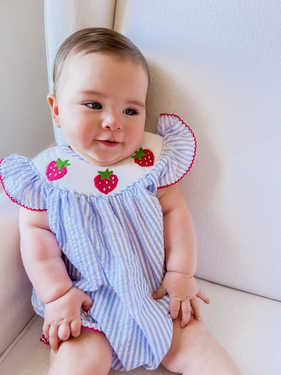 blue strawberry dress code Sadie Strawberry Smocked Bubble in Blue
