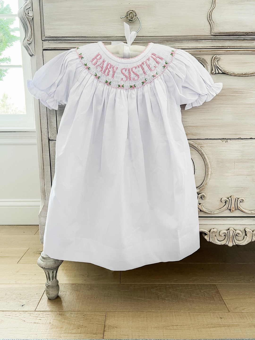 Anavini Toddler Girls Polka Dots Pink Smocked Big Sister Dress main image 0