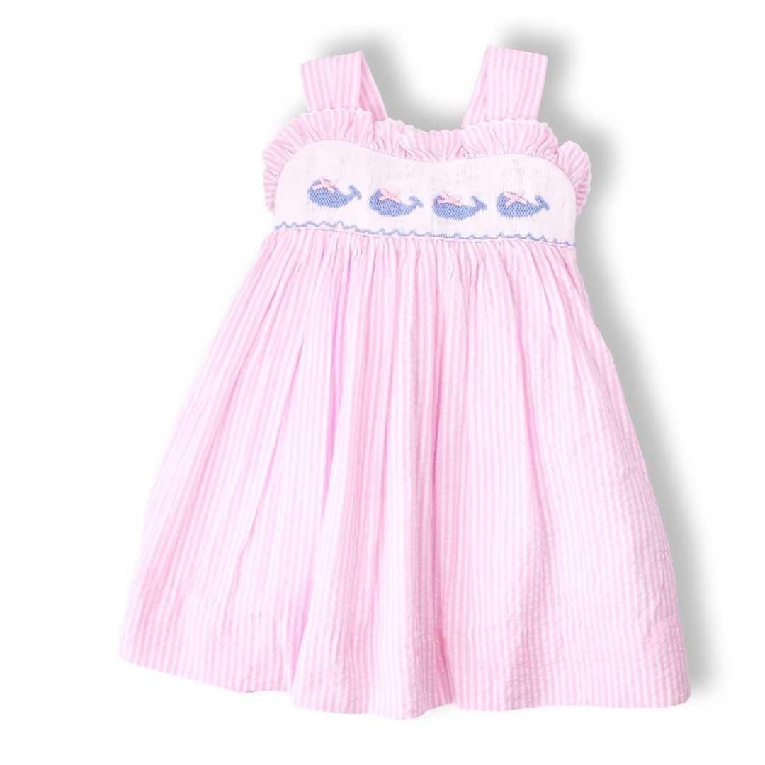 Pink Seersucker Whale Smocked Dress
