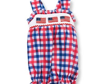 Patriotic Baby Girl Bubble Romper, Smocked American Flag Outfit, Red White Blue Gingham Toddler Sunsuit for 4th of July
