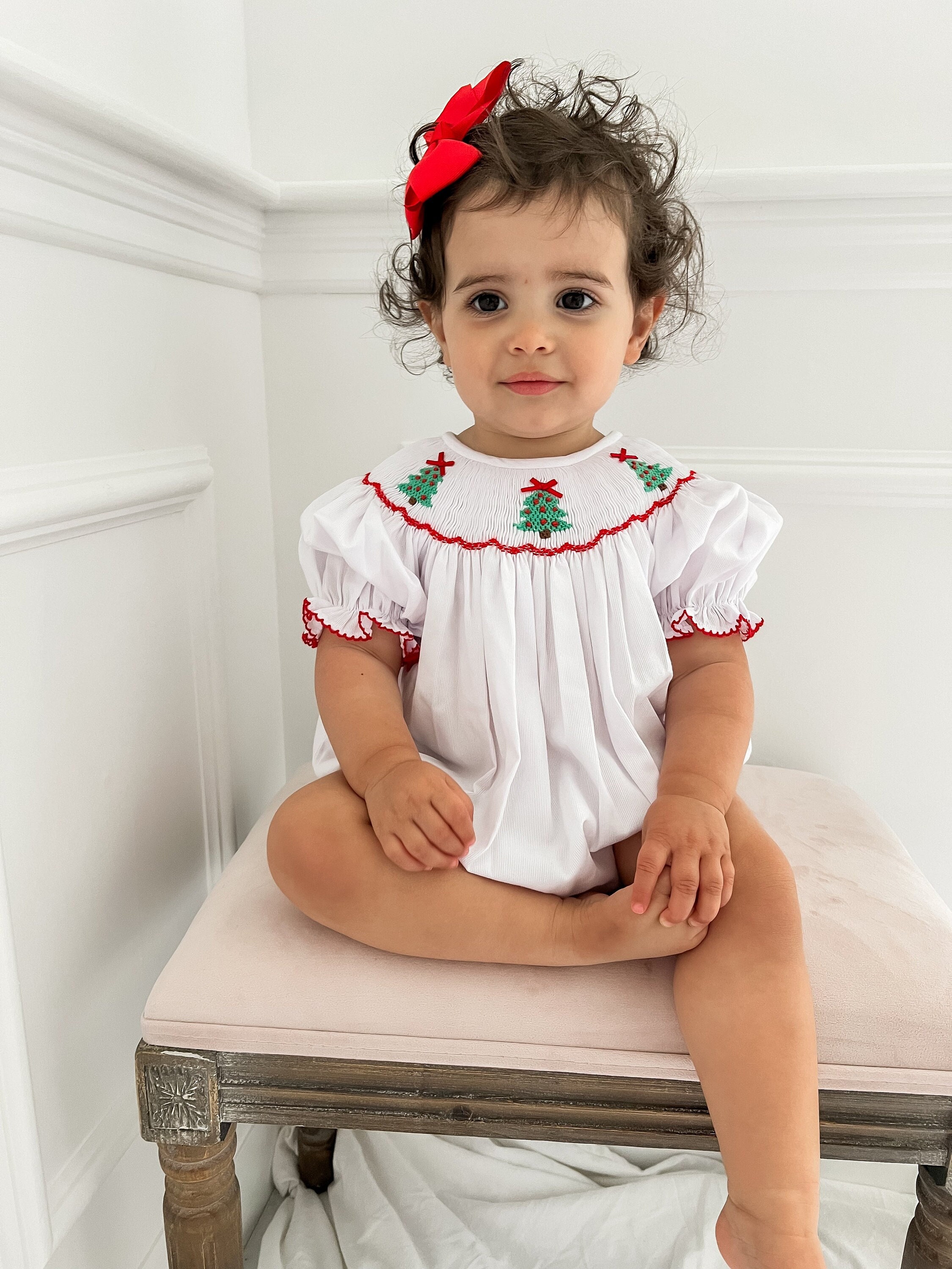 white christmas dresses Baby Girls Red Corduroy Smocked Christmas Wreath Bishop Dress main image 1
