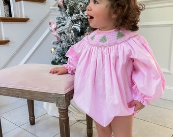 Eden Christmas Tree Pink Smocked Bubble - Christmas Bubble for Girls - Smocked Holiday Outfit