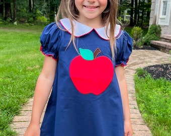 Charlotte Navy Blue Apple-Dress-Girl Outfit-Back to School Clothes-Toddler outfit-School Clothing-Back to School Dress-Cute Dress