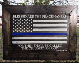 Thin Blue Line American Flag Sign: Personalized Police Gift, Rustic Wooden Decor
