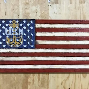 Rustic Wooden American Flag with United States Navy Emblem