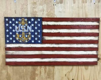 Rustic Wooden American Flag with United States Navy Emblem