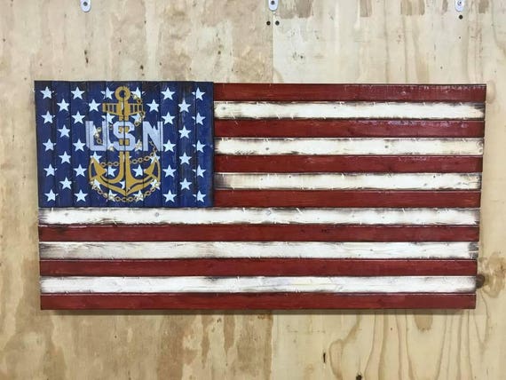 Rustic Wooden American Flag with United States Navy Emblem