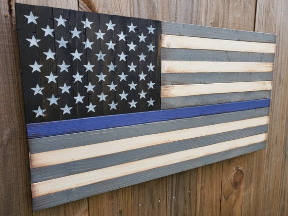 Wooden Rustic Style Thin Line American Flag (Grayscale Version, 19"x37") Thin Blue Line Flag, Police Flag, Thin Red Line Flag