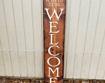 Personalized Porch Welcome Sign: Vertical Chestnut Wood Sign
