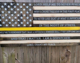 Thin Gold Line American Flag with Dispatcher's Prayer | Telecommunication Gift | Police Department Decor | 911 Call Center Wall Hanging