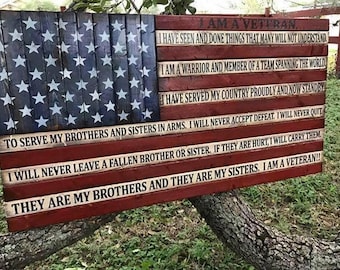 Rustic Wooden American Flag with Veteran's Creed