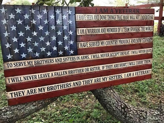 Wooden Rustic-Style American Flag w/ Veteran's Creed | Wooden American Flag | Gift For Veteran | Military Gift | Gift for Him