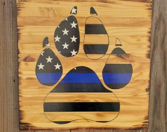 K9 Paw Print Thin Blue Line Flag Wood Sign - Personalized Police Decor