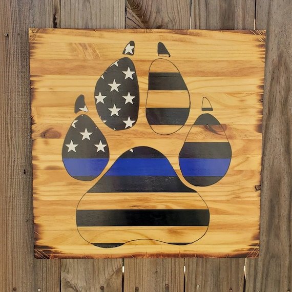 Police K9 Paw Print Thin Blue Line Flag Wood Sign | K9 Decor | Police Decor | LEO | Officer Down | Dog Decor | Personalized gift for him