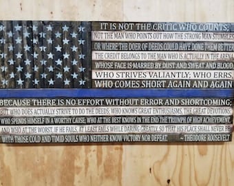 Wooden Rustic-Style American Flag w/Man in the Arena quote