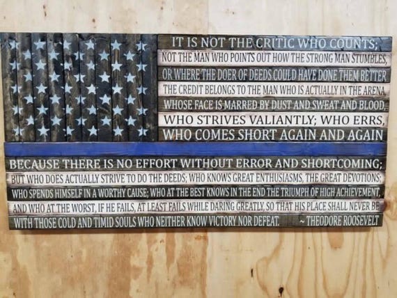 Wooden Rustic-Style American Flag w/Man in the Arena quote