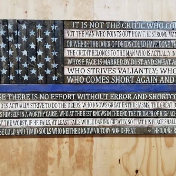 Wooden Rustic-Style American Flag w/Man in the Arena quote
