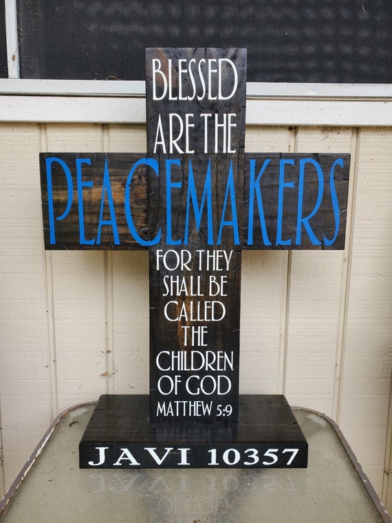 Wooden Ebony Cross with Base and Blessed Are The Peacemakers Verse | Thin Blue Line Cross | Gift for Police | Personalized Police Gift