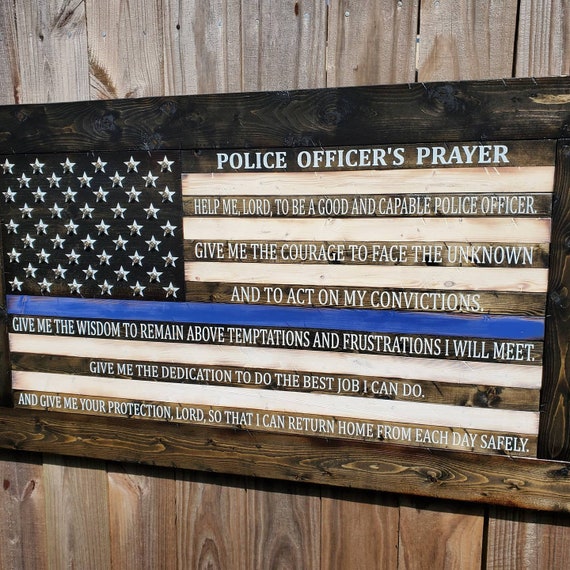 Thin Blue Line American Flag with Police Officer's Prayer and Shell Casings in Stars | Wooden American Flag | Gift For Officer | Bullet Flag