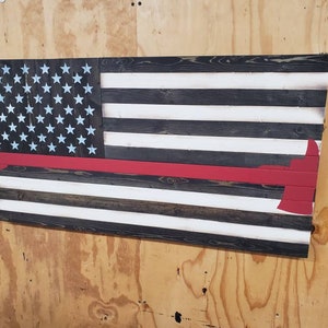 Wooden Rustic-Style Thin Red Line American Flag w/Firefighter&#39;s Axe