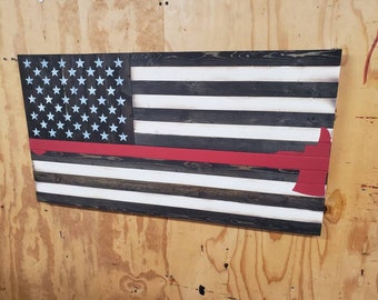 Wooden Rustic-Style Thin Red Line American Flag w/Firefighter's Axe