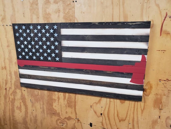 Wooden Rustic-Style Thin Red Line American Flag w/Firefighter's Axe