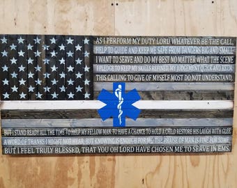 Wooden Rustic-Style Thin White Line American Flag with EMS Prayer and Star of Life