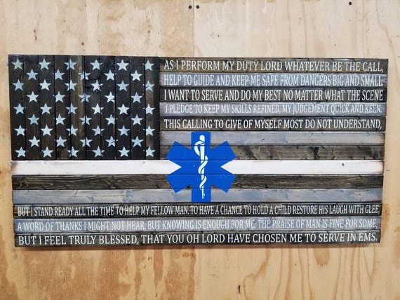 Wooden Rustic-Style Thin White Line American Flag with EMS Prayer and Star of Life