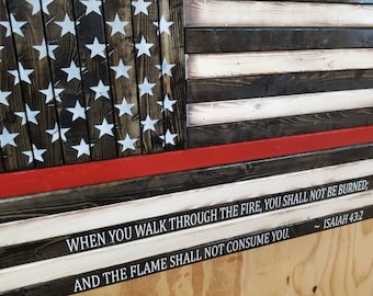 Wooden Rustic Style Thin Red Line American Flag with Isaiah 43:2