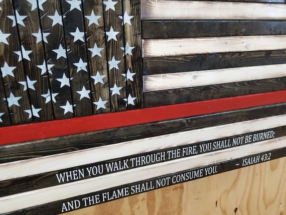 Wooden Rustic Style Thin Red Line American Flag with Isaiah 43:2