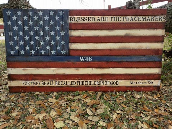 Wooden Rustic Style Thin Blue Line American Flag w/ Blessed Are The Peacemakers verse (red,white and blue version)