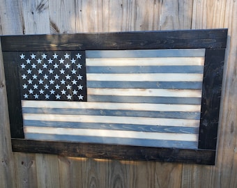Rustic Wooden American Flag with Ebony Frame: Military Gift (26x44)