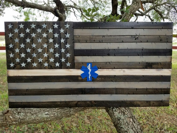 Thin White Line EMS Wooden Rustic American Flag with the star of life