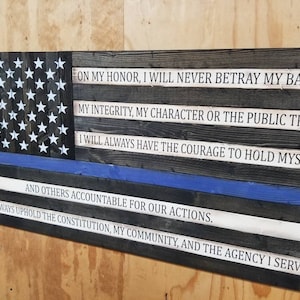 Wooden Thin Blue Line American Flag with Law Enforcement Oath of Honor