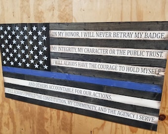 Wooden Thin Blue Line American Flag with Law Enforcement Oath of Honor